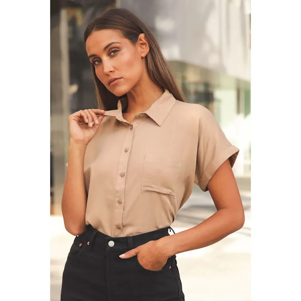 Lulus Blythe Beige Short Sleeve Button-up Top - Size XS